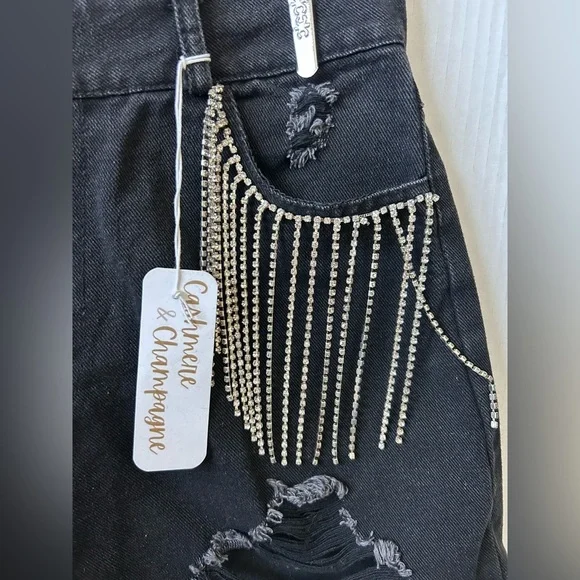 NWT CASHMERE & CHAMPAGNE DIAMOND TASSELS RIPPED DENIM SHORTS Sz. S - Picture 6 of 14